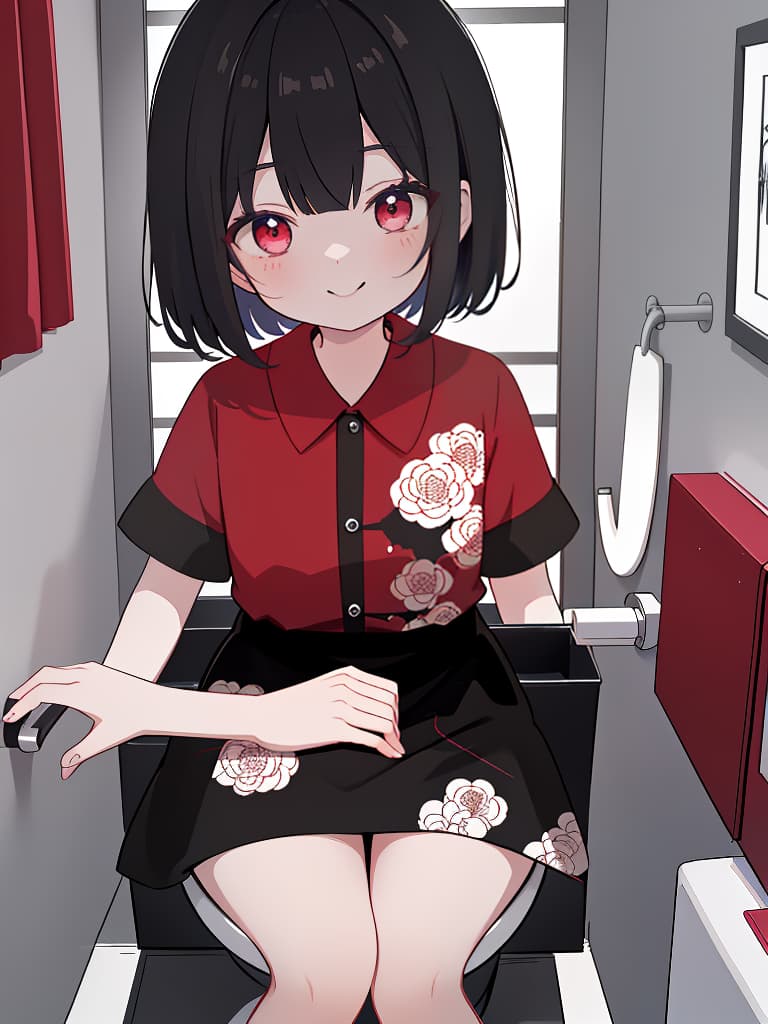  hanako in the toilet, black bob, toilet, dubious atmosphere, youkai, red white shirt, bewitching smile, dark night, masterpiece, best quality,8k,ultra detailed,high resolution,an extremely delicate and beautiful,hyper detail