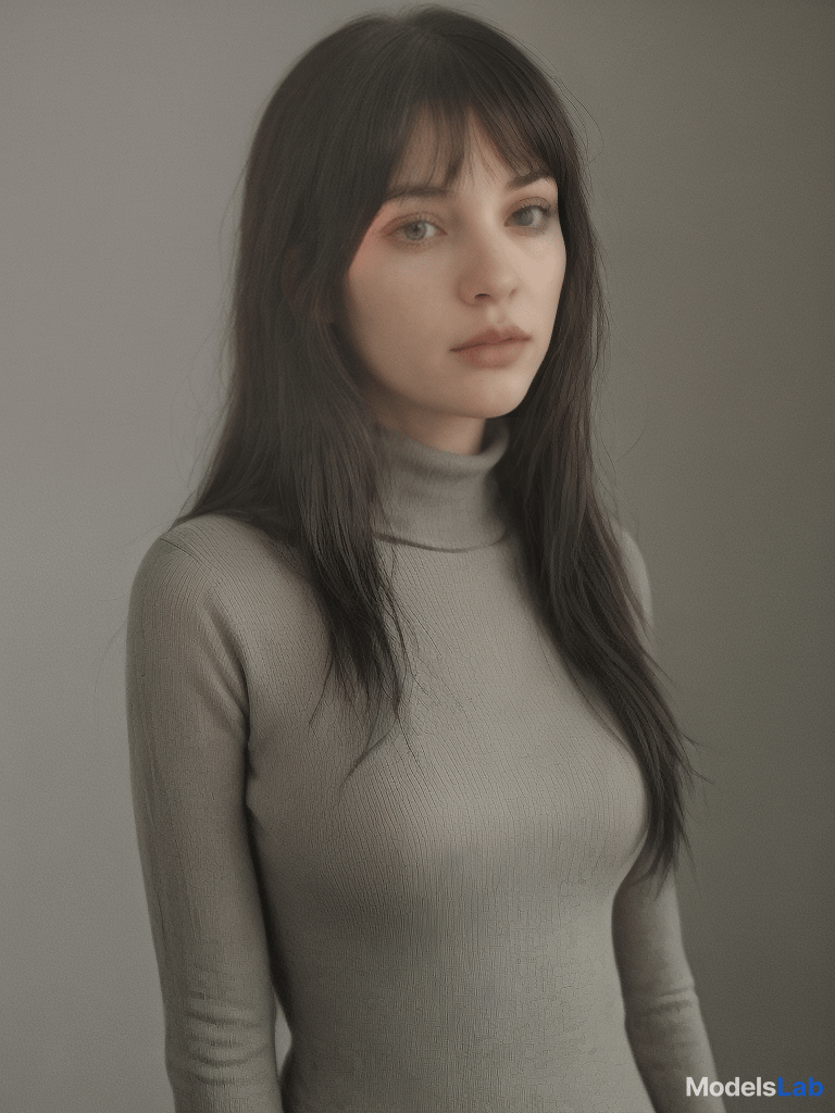  a photo of 1 girl black hair blunt bangs long hair looking at viewer parted lips solo turtleneck turtleneck sweater very long hair a woman with long black hair and a black top, caucasian woman, symmetry, symmetrical, long hair, almond eyes  hyperrealistic, full body, detailed clothing, highly detailed, cinematic lighting, stunningly beautiful, intricate, sharp focus, f/1. 8, 85mm, (centered image composition), (professionally color graded), ((bright soft diffused light)), volumetric fog, trending on instagram, trending on tumblr, HDR 4K, 8K