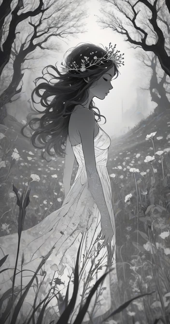  midjourney style, realism, cinematic quality, double exposure illustration of a goddess silhouette integrated with a spring field, goddess details blended into the backdrop, monochrome background in sharp focus, full color, crisp lines inspired by jean baptiste monge, thomas kinkade, david palumbo, carne griffiths, cg graphics, high quality, 8k ultra hd, vivid colors, cinematic