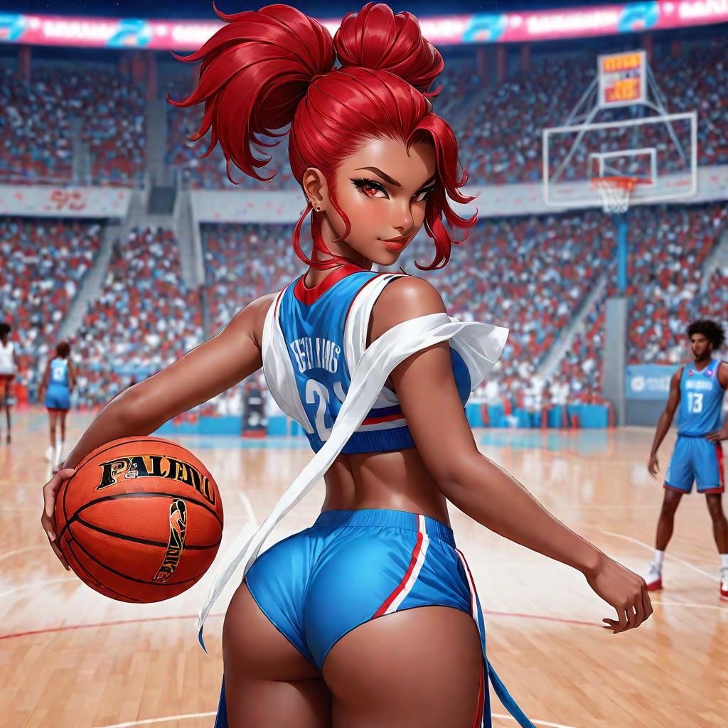  anime art very beautiful, scorpion girl, very dark brown skin woman, red eyes, red hair in puff ponytail, long hair, has scorpion tails , has sharp canines, full lips, rounded eyebrows, upturned nose, oval shaped face, lean figure, long legs, blue and white basket ball jersey, basketball court., award winning, professional, highly detailed, masterpiece