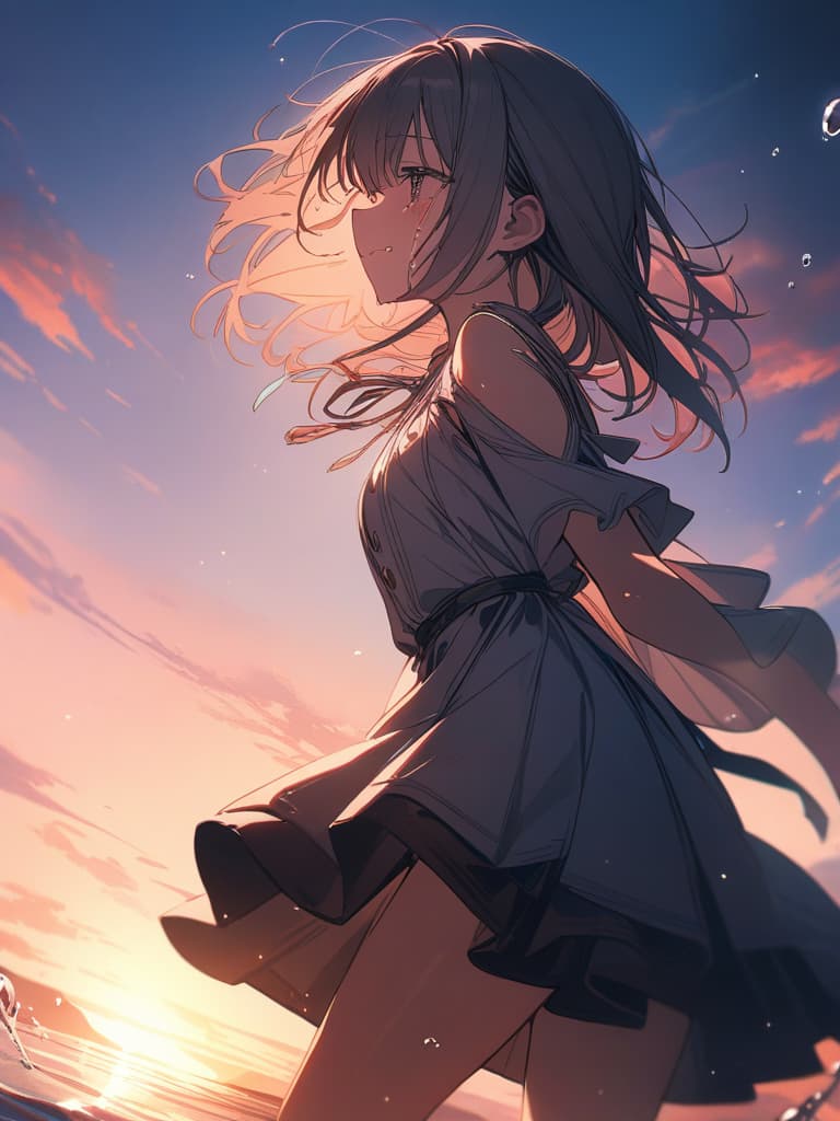  crying face, sea, sunset in the back, tears, girls, cute, sad, jumping, masterpiece, best quality,8k,ultra detailed,high resolution,an extremely delicate and beautiful,hyper detail