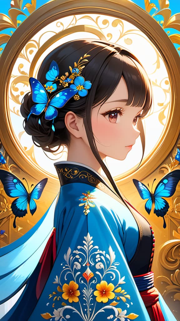  (masterpiece, top quality, best quality, official art, beautiful and aesthetic:1.2), (1girl:1.4),extreme detailed,blue flowers,(fractal art:1.3),colorful,highest detailed, real photos, real photography, (real skin texture),(realistic), mirror-like sky, colorful sky, cool element wings,hanfu , red with black waistband,multicolour ,(Upper and lower symmetry:1.1), white embroidered shoes,