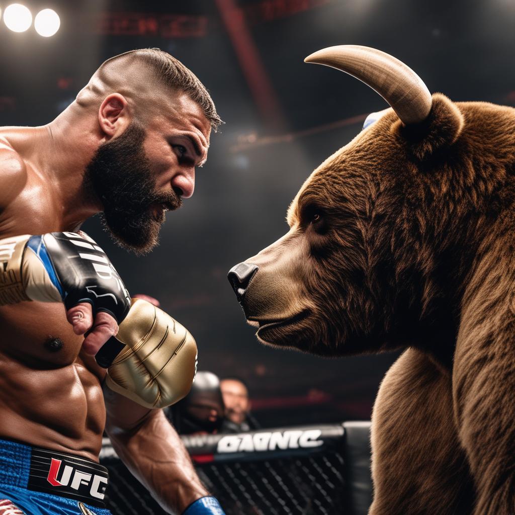  create a ufc fight card opposing a bull with horns and a bear hyperrealistic, full body, detailed clothing, highly detailed, cinematic lighting, stunningly beautiful, intricate, sharp focus, f/1. 8, 85mm, (centered image composition), (professionally color graded), ((bright soft diffused light)), volumetric fog, trending on instagram, trending on tumblr, HDR 4K, 8K