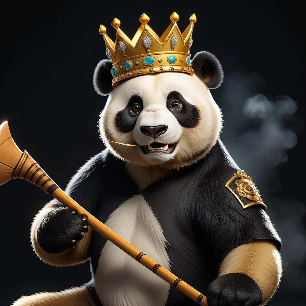  create a golden colored picture in the center of a cartoon brutal panda with a crown on his head playing hockey with a stick in his hands on a black background hyperrealistic, full body, detailed clothing, highly detailed, cinematic lighting, stunningly beautiful, intricate, sharp focus, f/1. 8, 85mm, (centered image composition), (professionally color graded), ((bright soft diffused light)), volumetric fog, trending on instagram, trending on tumblr, HDR 4K, 8K