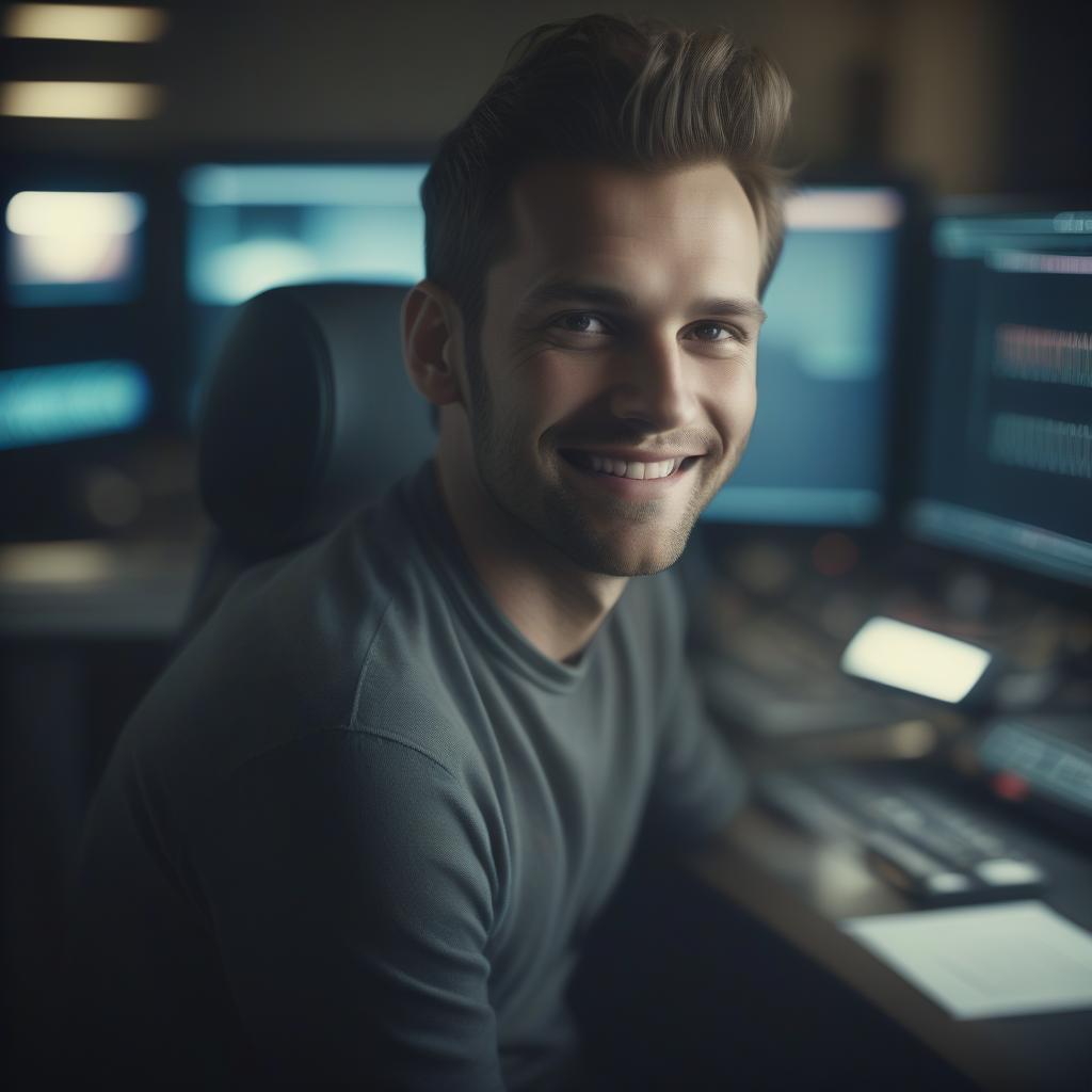  cinematic film still programmer, sitting on the right side behind the monitor, close up, photorealism, cinema, company, business, smiling, . shallow depth of field, vignette, highly detailed, high budget, bokeh, cinemascope, moody, epic, gorgeous, film grain, grainy