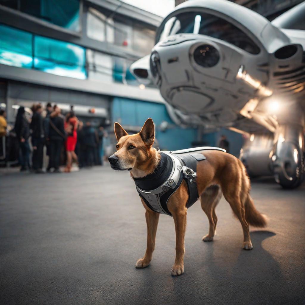  a curious dog with a wagging tail investigating a strange metallic spaceship hyperrealistic, full body, detailed clothing, highly detailed, cinematic lighting, stunningly beautiful, intricate, sharp focus, f/1. 8, 85mm, (centered image composition), (professionally color graded), ((bright soft diffused light)), volumetric fog, trending on instagram, trending on tumblr, HDR 4K, 8K