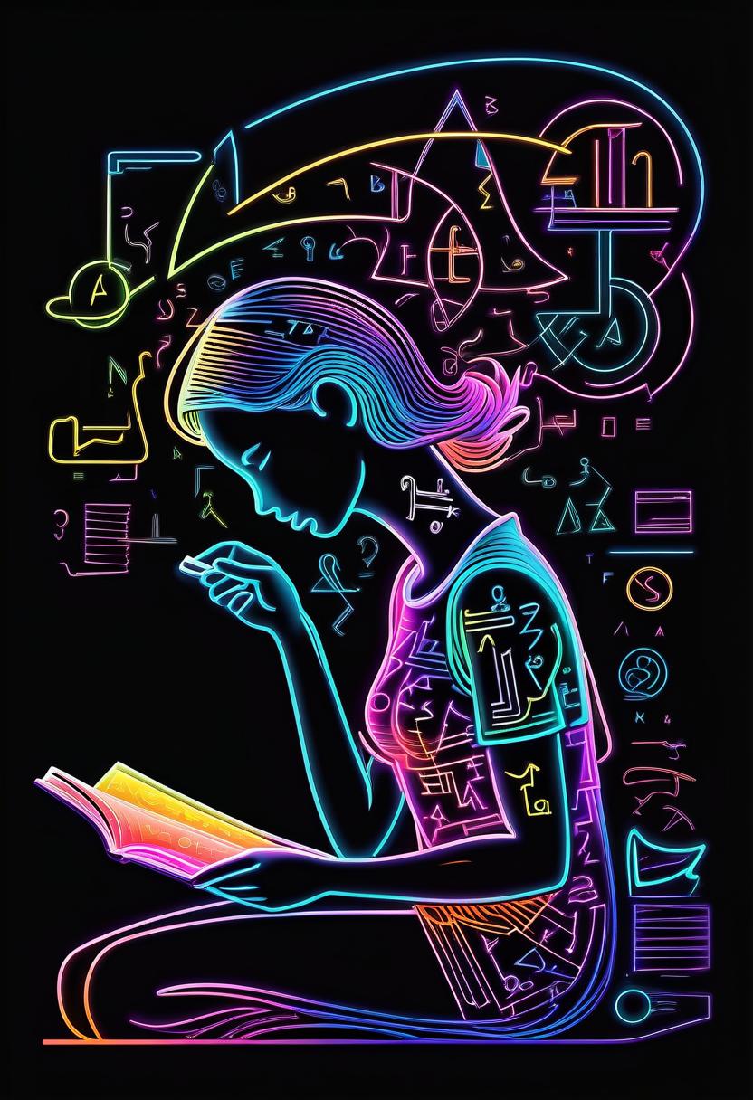  line art drawing tech bright circuit board fractal glossy bright multicolored ink sketch shiny outlines, thin contour line coloring, thin line, multicolor line, outlines of a silhouette of a girl reading a book made of mathematical symbols, (neon color mathematical symbols and formulas:1.4), that float around him, flying clocks, on a black background, style of jean delville, art in minimalist style, linear icons, (linear icon:1.5), line ilustration, . professional, sleek, modern, minimalist, graphic, line art, vector graphics