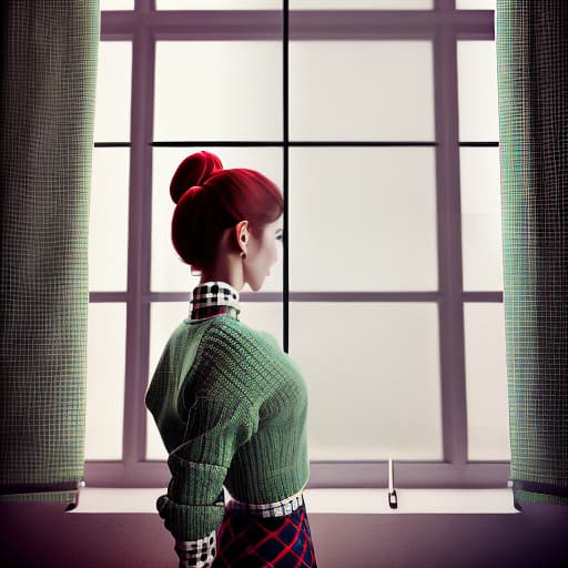 redshift style Woman in green sweater and checkered skirt posing for photo in front of window with hair in tail, MilaAzul, optical illusion, cute, color photography