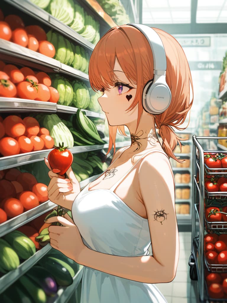  with tomatoes, blond ponytails, white headphones, heart tattoo on their arms, girls wearing white dress dresses, shopping carts, shopping carts, gestures, shopping cart containing eggplant and celery, the upper arm. tattooing, spider web on the neck, headphones, black tattoos, heart shaped tattoos, white headphones, masterpiece, best quality,8k,ultra detailed,high resolution,an extremely delicate and beautiful,hyper detail