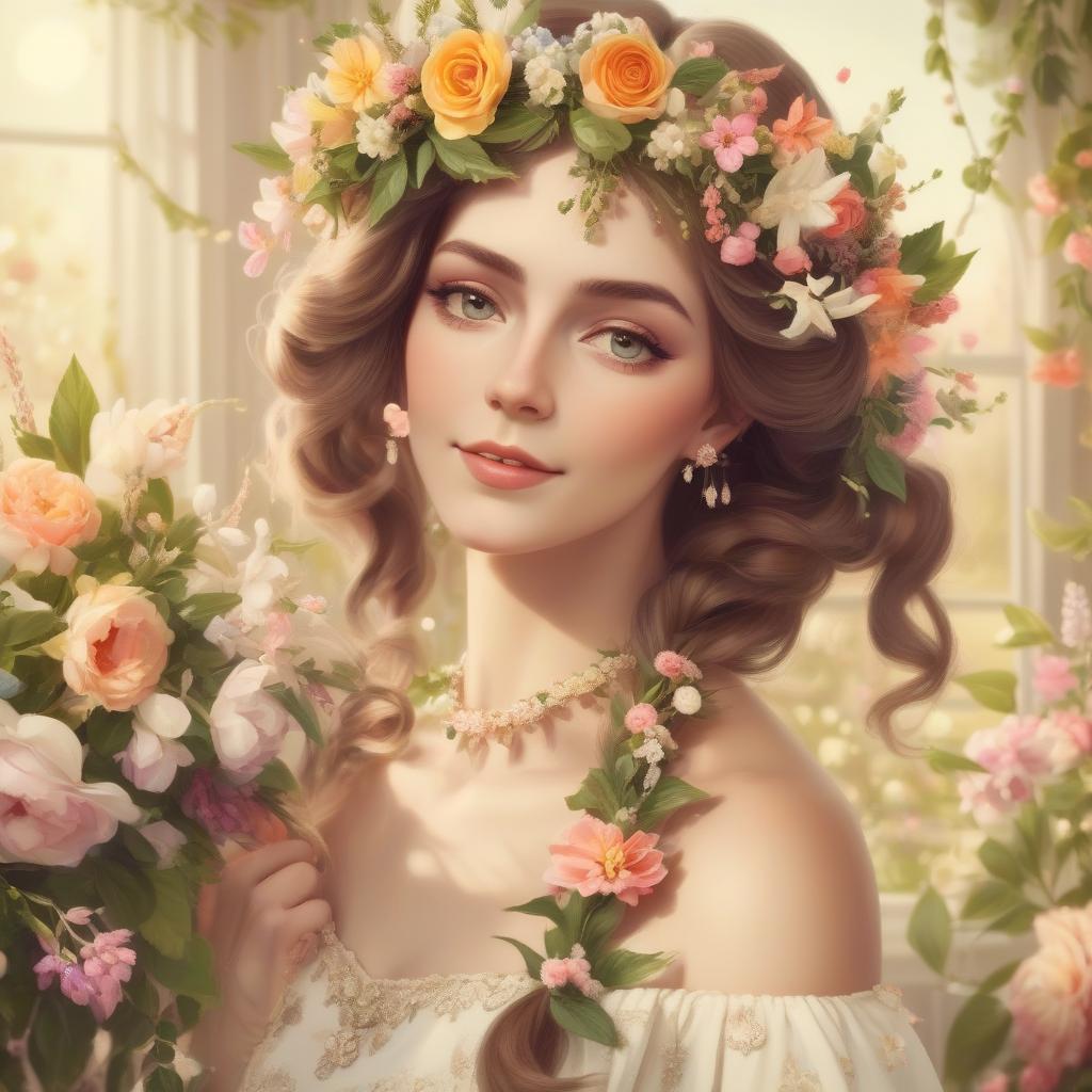  vintage spring queen portrait with flowers and flowers garland in the hair, warm atmosphere