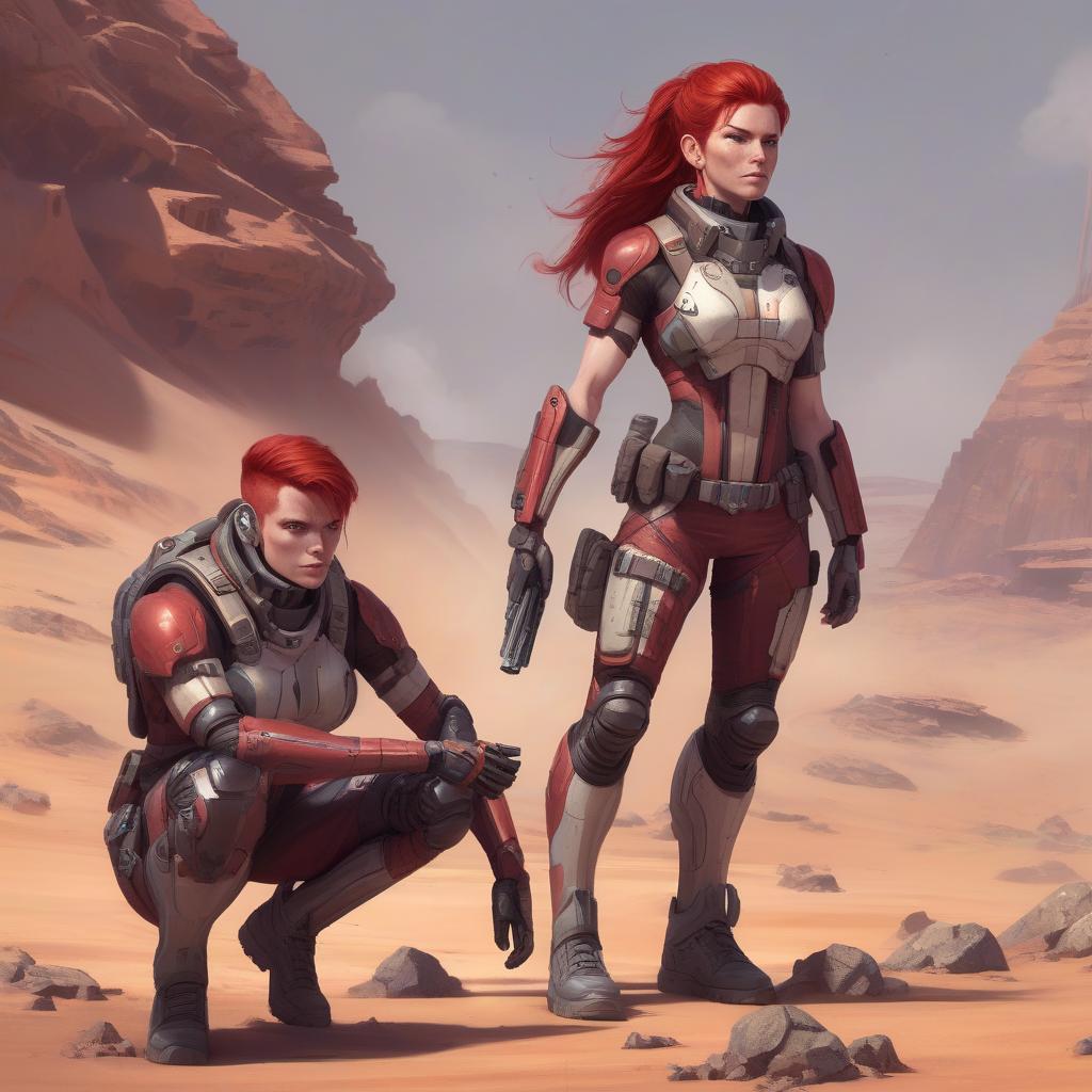  draw a full length female character, athletic build, red hair, the character lives on a distant colonized planet, specialization mercenary