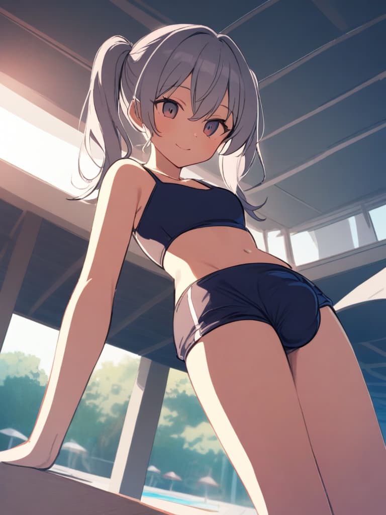  women's elementary students (male), twin tails, cute smiles, (rich s), short stature, dark blue swimwear, old swimwear, swimwear, simple, (upward), upward, (bulge), front, whole body, pool side ,,,