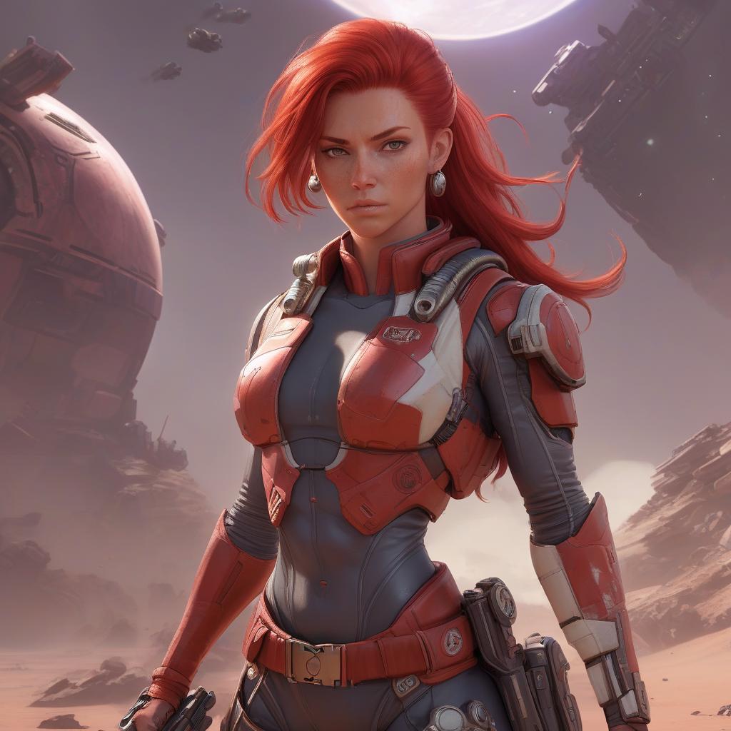  draw a full length female character, athletic build, red hair, the character lives on a distant colonized planet, specialization mercenary