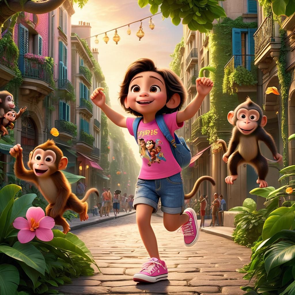  in 3d animated movie style. disney pixar style. paris, a in a colorful t shirt, denim shorts, pink sneakers. curious, kind hearted, adventurous. vint jungle with lush greenery, monkeys swinging. high resolution pixar 3d animated film style. bright, soft lights, warm feel, vint colors. over the shoulder view of paris watching energetic monkeys.