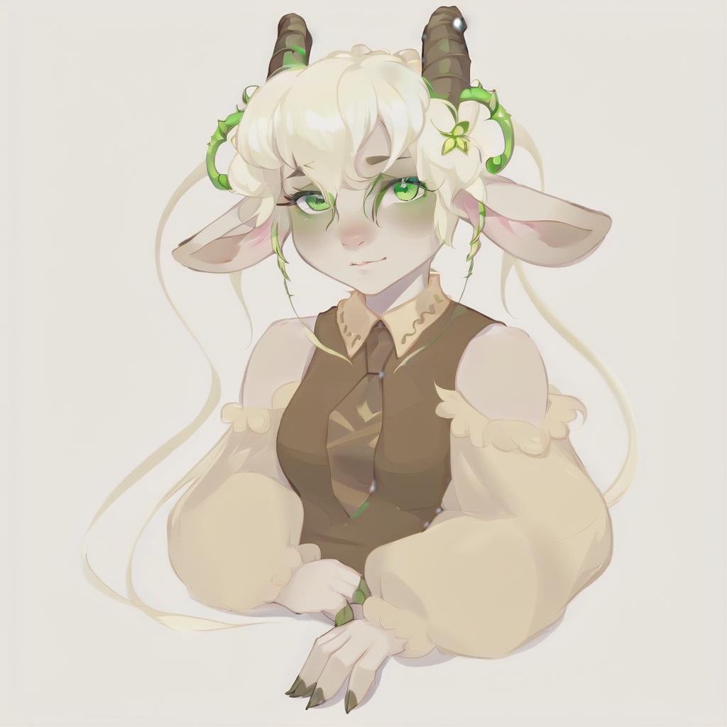  anthropomorphic goat, blonde, long hair, curls, bangs, dressed in fairy core style, green eyes. a picture is an avatar for vitubing, neutral color background