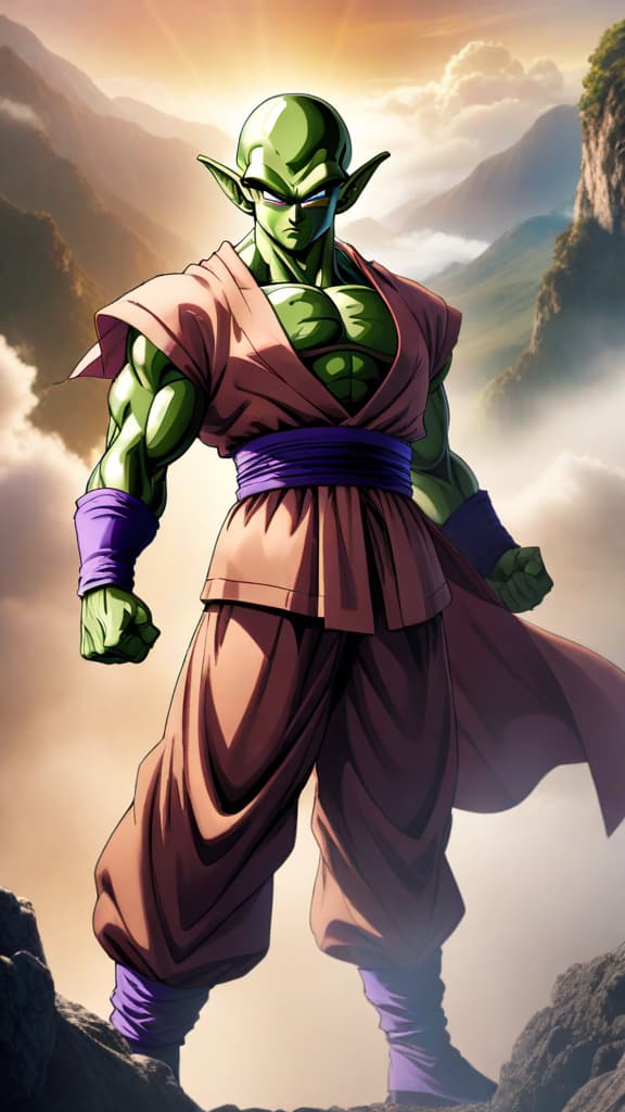  an anime art of piccolo from dragon ball universe fusing with powerful beings to unlock his true untapped strength. hyperrealistic, full body, detailed clothing, highly detailed, cinematic lighting, stunningly beautiful, intricate, sharp focus, f/1. 8, 85mm, (centered image composition), (professionally color graded), ((bright soft diffused light)), volumetric fog, trending on instagram, trending on tumblr, HDR 4K, 8K