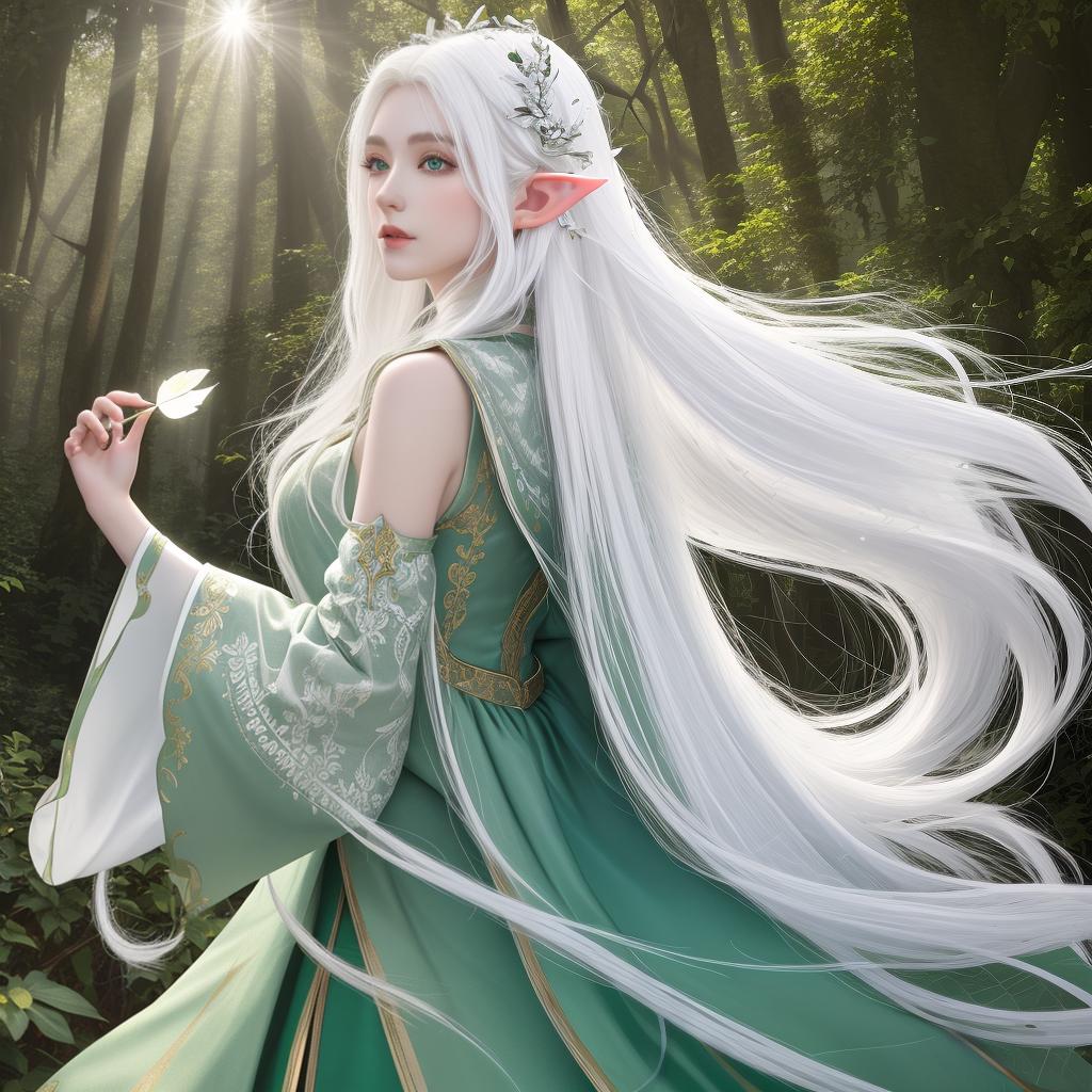  masterpiece, best quality, (masterpiece, best quality, high quality, super detail), realism, 1 , bigger,(side id:1.1), long hair,((white hair)), leaf hair accessory, elf, green eyes, pale skin, bare body, jewelry, big s,(separated sleeves:1.1), celet,(away from sight:1.2),(hair floating:1.3), from the side,(in forest:1.3),(lens flare from right:1.2)