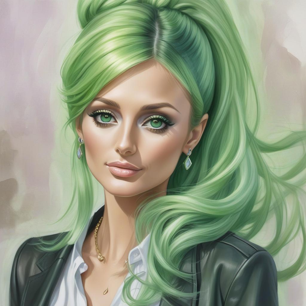  a woman portrait in midjourney <mymodel> style, ... paris hilton green hair