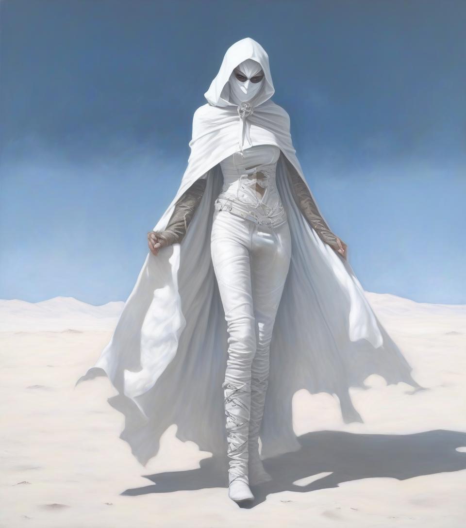  macabre style dark fantasy. a very thin girl elf thief fighter with white alabaster skin, in a white mask, in a leather white open corset, in leather pants, in handcuffs, in a white leaky openwork cloak. . dark, gothic, grim, haunting, highly detailed, hkmagic, oil painting