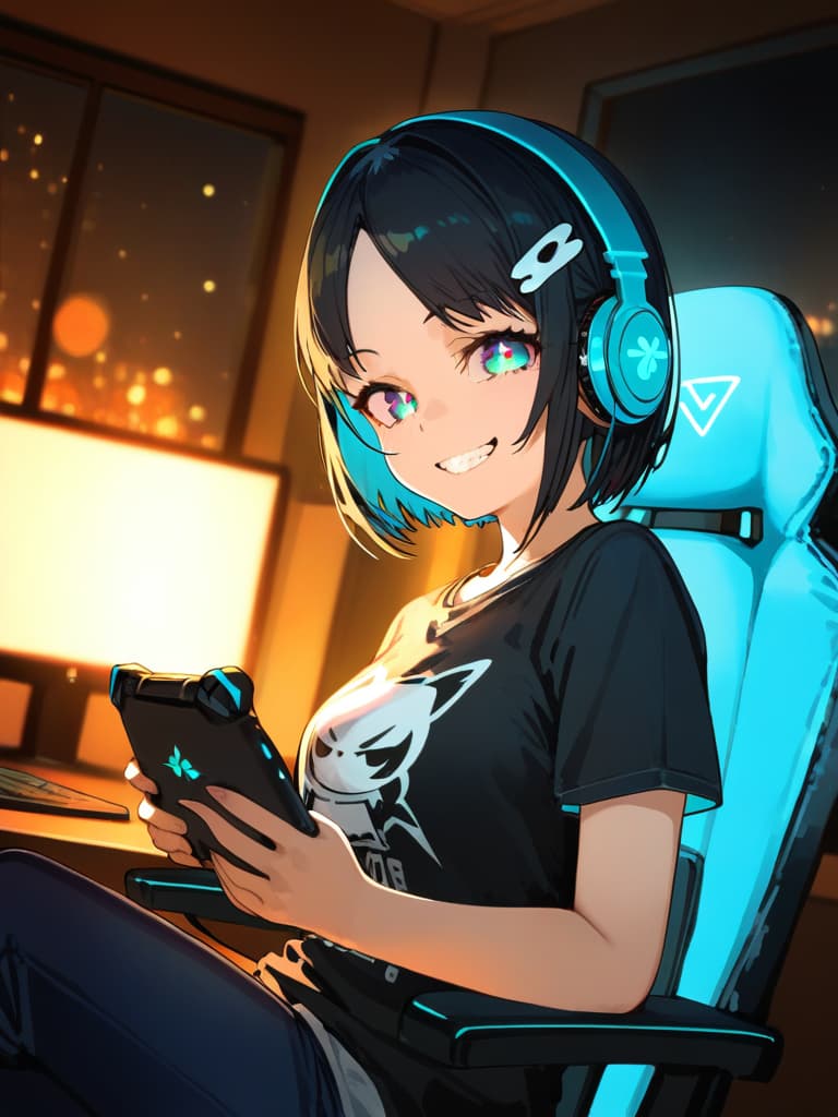  ultra detailed:1.2,masterpiece:1.2,best quality,masterpiece,bestquality,hdr:1.1,8k:1.1,very cute girl:1.3,((black hair,bob cut,forehead,hair pin:1.6)),((cyber eyewear:1.6)),(headphones,microphone:1.6),(neon light gaming chair:1.4),(grin smile:1.7)(pointy mouth:1.4),(sitting indian style on gaming chair:1.4),((holding game pad:1.6)),(night room:1.6)(upper body:1.4),(face focuse:1.5),(dutch angle:1.7)(layered t shirt,pants style:1.2)