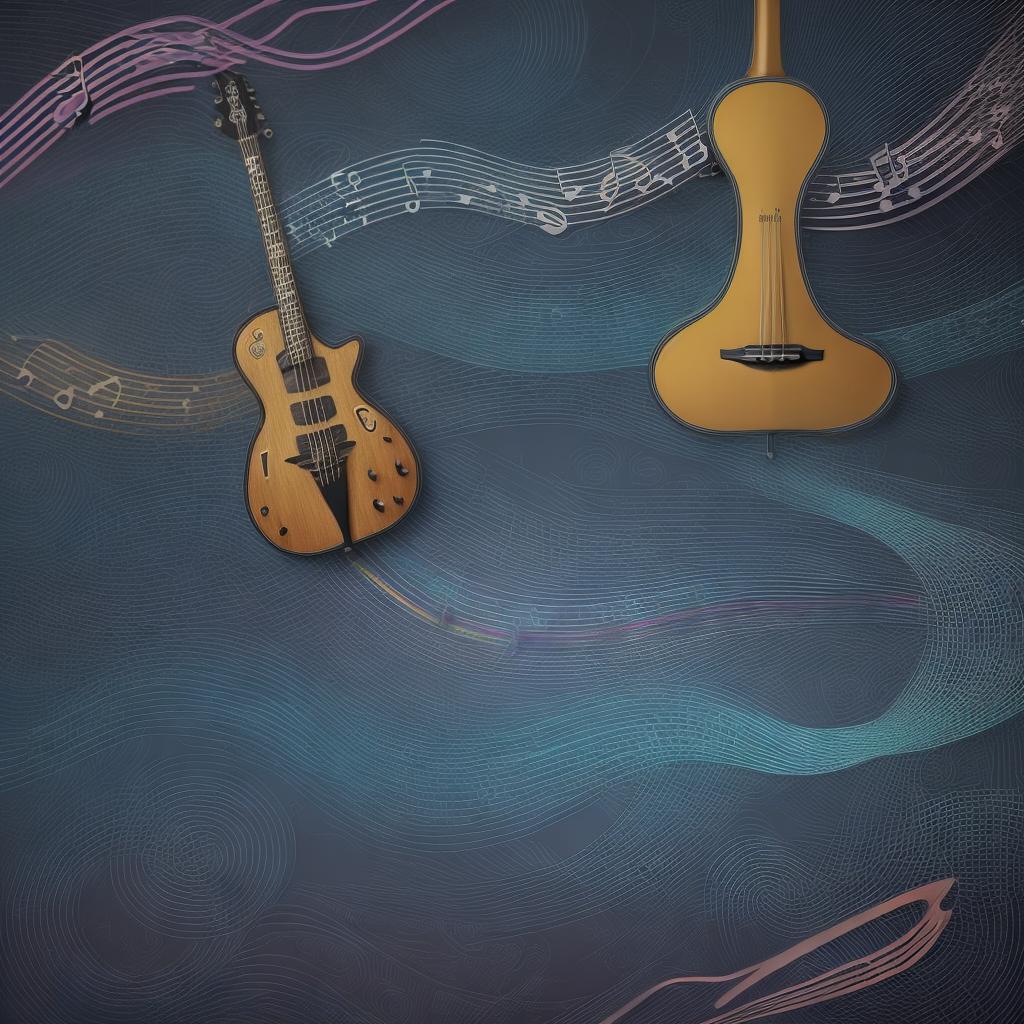  create an eclectic background with musical instruments, soundwaves, and abstract band logos.