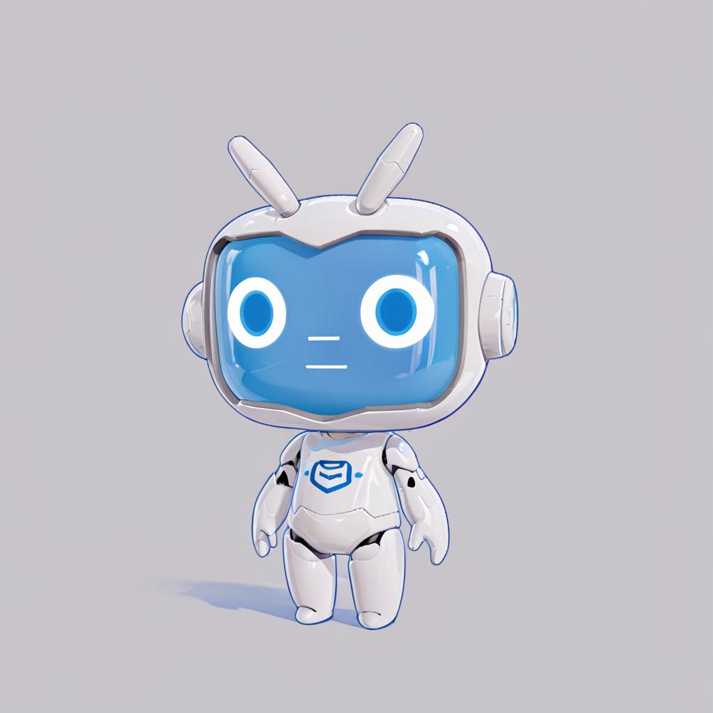  a white cute robot with blue face,a clean and crisp anime illustration with bold outlines, smooth shading,cell shaded, crisp ,flat colors, and a minimalistic background.