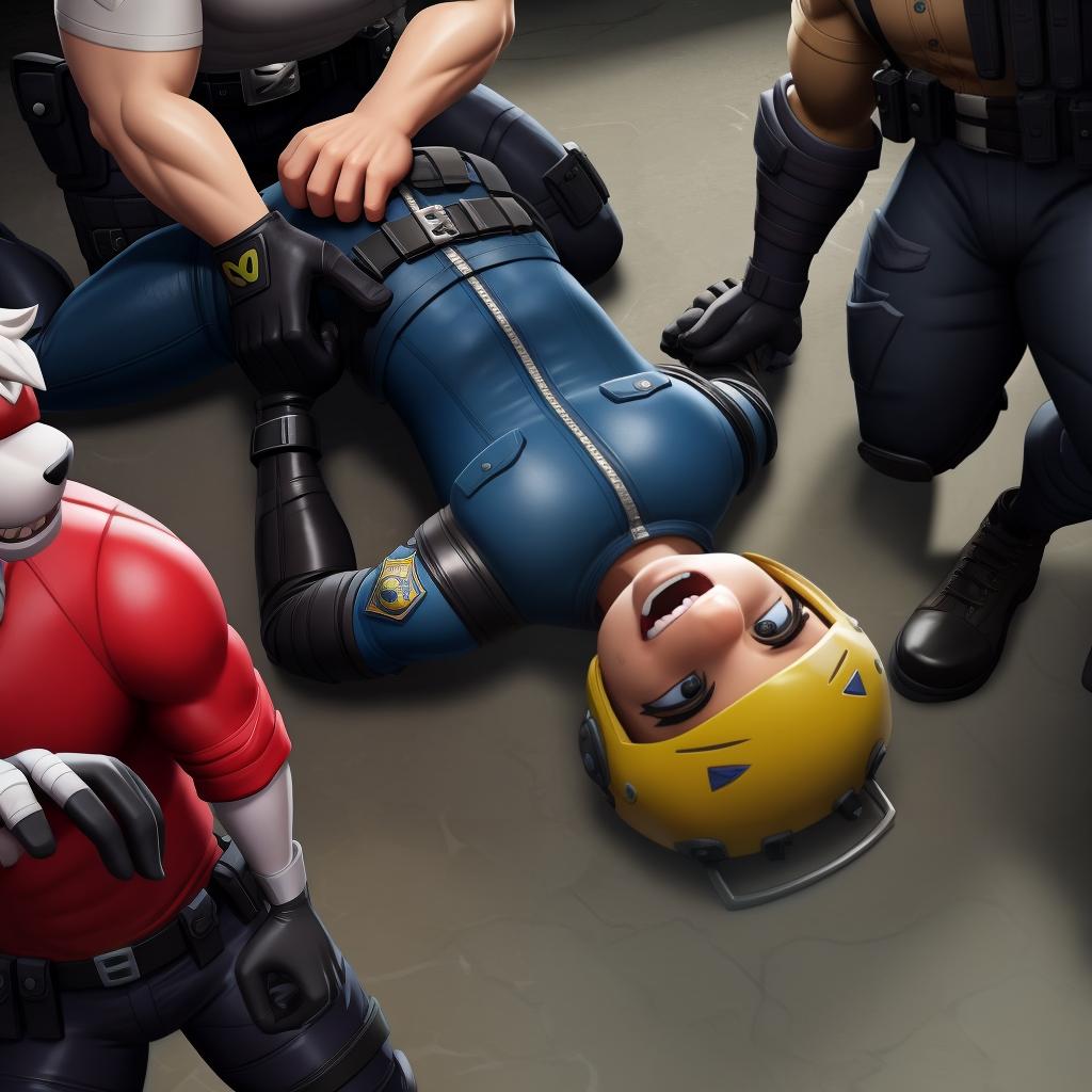  Evil corrupt police officers (Fortnite), full body, gloves, police brutality pain, bullying, victim surrounded, scared helpless victim, brutal attack, victim is pinned, victim is restricted, victim is punched, open eyes, masterpiece, 4k, fine details,