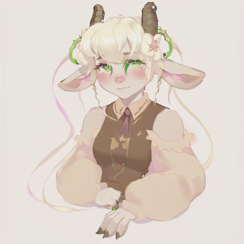  anthropomorphic goat, blonde, long hair, curls, bangs, dressed in fairy core style, green eyes. a picture is an avatar for vitubing, neutral color background, pink blush