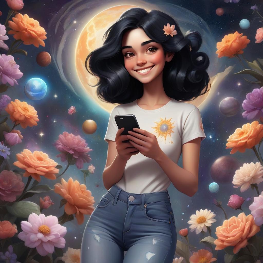  ethereal fantasy concept art of a smiling girl in jeans and a t shirt with black hair. she's standing full length. holding the phone in her hands. on the background of a cosmic theme with flowers planets stars galaxy and universe . magnificent, celestial, ethereal, painterly, epic, majestic, magical, fantasy art, cover art, dreamy