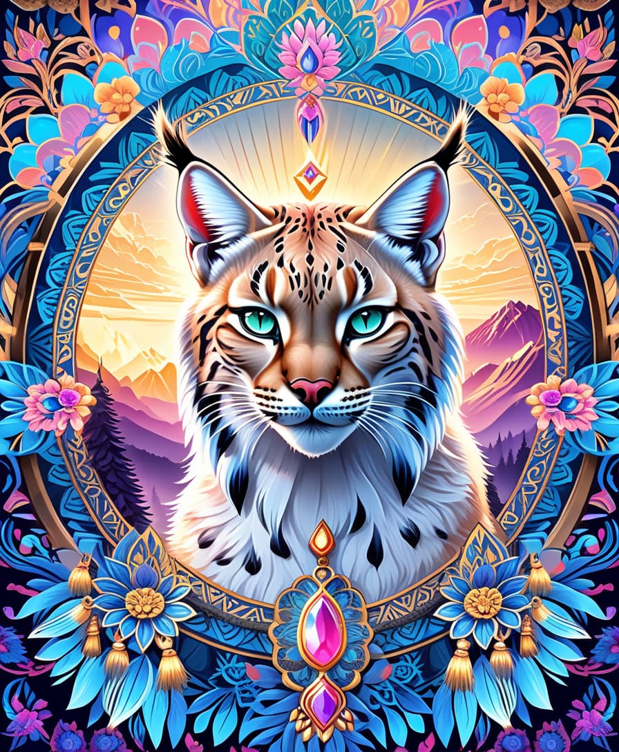  art deco style masterpiece, hdr 8k, digital image. conceptual art. (siberian lynx, majestic wildcat, powerful paws, flexible strong body, piercing feline eyes, sharp fangs, (tassels on ears:1.2), (hunted down prey, preparing to attack:1.2), appearing in ancient russian ethnic ornaments that make up a symmetrical mandala consisting of an endless forest, a wide flowing river and majestic mountains, the mandala is decorated with a fantastic ice pattern). abstract elements: stones, tree leaves, flowers. the effect of dissolving the natural shades of fur in sky waves. filigree finishes, mysterious neon glowing accents, intricate. stylization. neo rococo style. stylish, dynamic, atmospheric. background dissolving abstract patterns in the space: