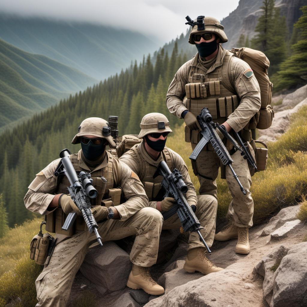  A special operations sniper team positioned on a mountain. The sniper is equipped with an M40A4 sniper rifle and the spotter is using a spotter scope with an M240 SAW next to him, which has a silencer mounted on the barrel. Both are dressed in Marine Corps woodland camouflage pattern, with their faces painted in camouflage. They are now wearing boonie hats instead of helmets. The landscape around them is rugged and mountainous, suggesting a high altitude location. The sky is clear but with a slight hint of dawn or dusk light. hyperrealistic, full body, detailed clothing, highly detailed, cinematic lighting, stunningly beautiful, intricate, sharp focus, f/1. 8, 85mm, (centered image composition), (professionally color graded), ((bright soft diffused light)), volumetric fog, trending on instagram, trending on tumblr, HDR 4K, 8K