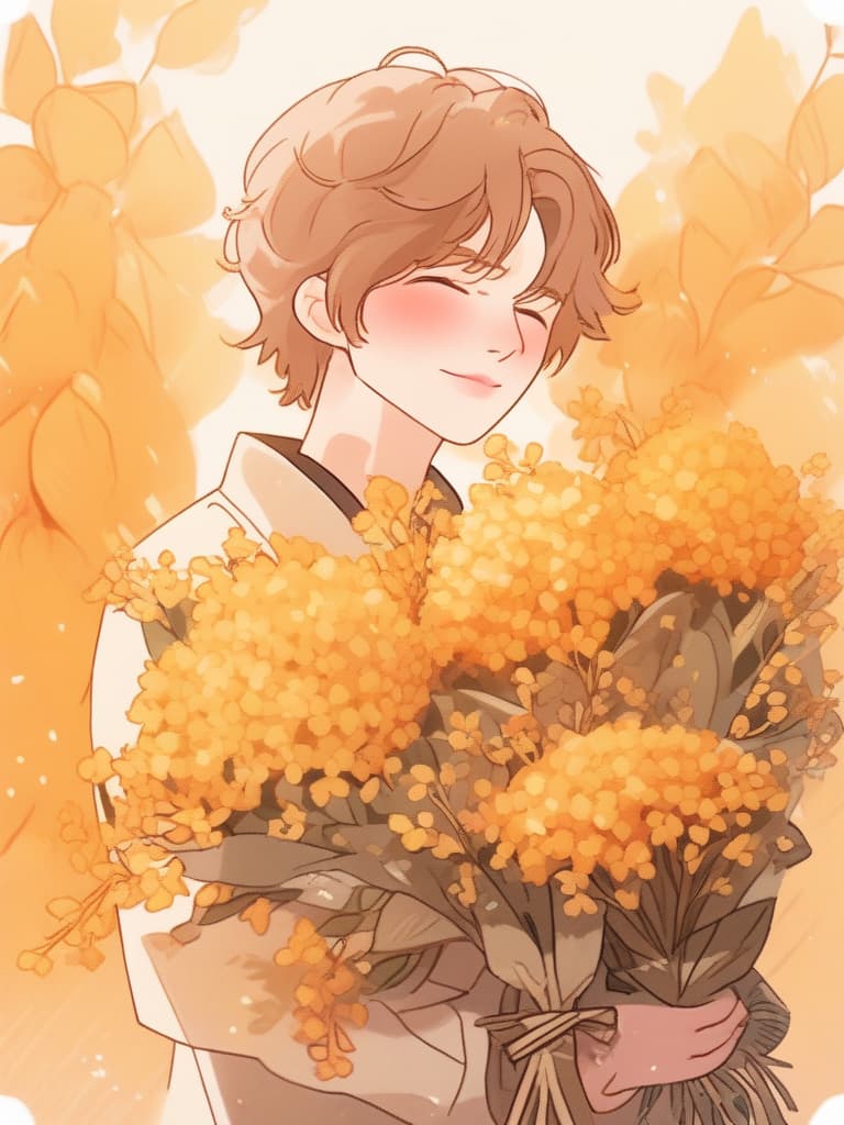  masterpiece,(one male:1.5),delicate light brown hair color,(manly hairstyle)short hair,eyes closed,smiling,((( larynx))),kissing a small bouquet of golden osmanthus,golden osmanthus flowers,high quality,16k