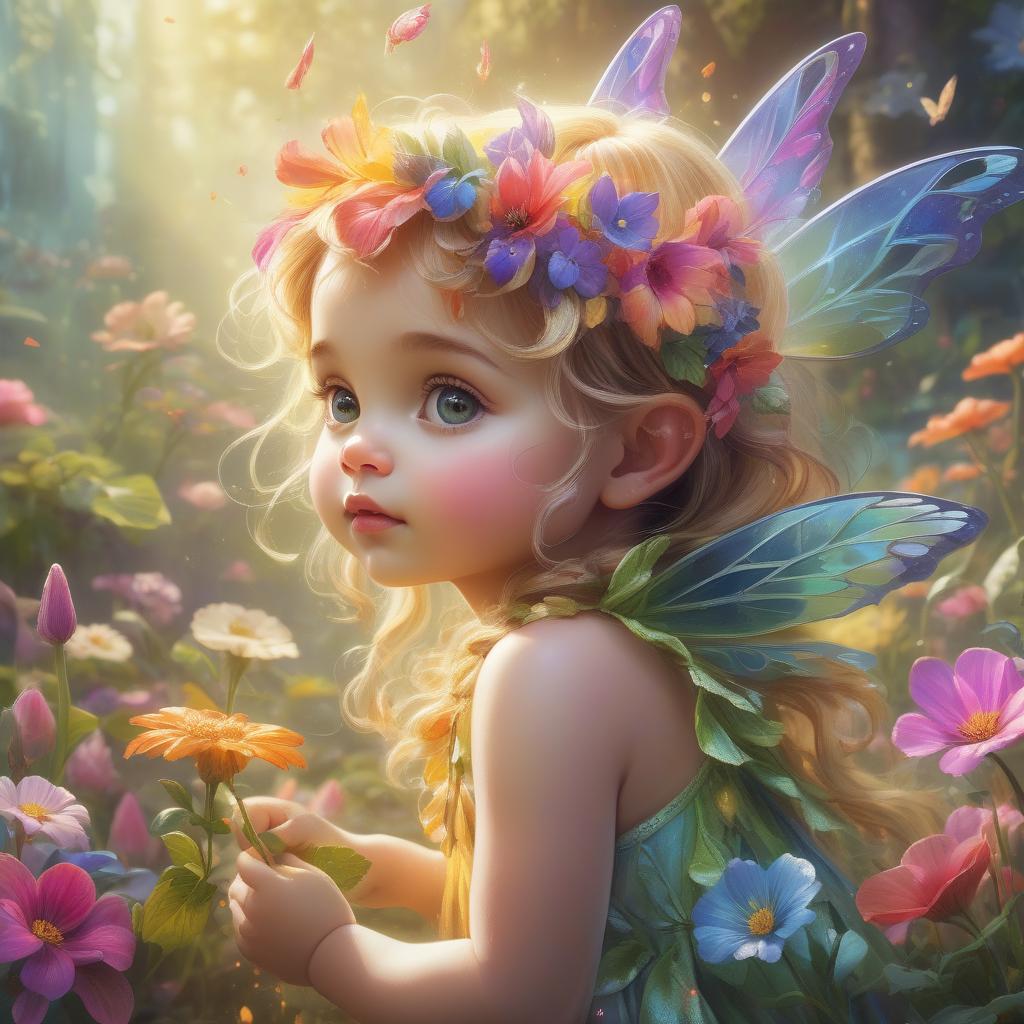  hyperrealistic art cute flower fairy baby，asas coloridas, segure o cetro，belo oceano cintilante、cercado por flores coloridas，asas transparentes，asas luminescentes､sorriso gentil､summer background､fada suave e transparente､tinta aquarela，fundo bonito do jardim，bright rainbow color landscape，infinidade de cores，rico em elementos，the facial features are super detailed，anatomia correta,epic composition, epic digital art of romantic fantasy，epic fairytale fantasy digital art，mythological fantasy，very high sharpness、k hd |、8k、desenho detalhado，realista，very realistic，cinmatic lighting,uma fotografia premiada . extremely high resolution details, photographic, realism pushed to extreme, fine texture, 