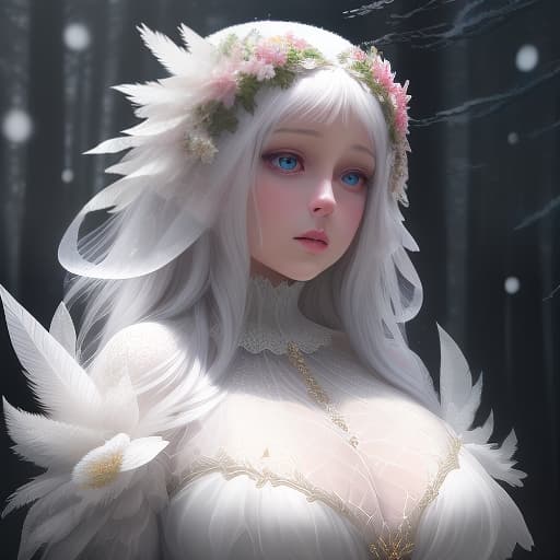  very beautiful girl and white owl, huge eyes, plump lips, transparent outfit of scales, flowers, feathers of mysticism, fantasy, fabulous forest, soft light, glitter, beautiful, 5d, realistic, 128k, high resolution, high detail, hyperrealism, 300dpi, highly detailed digital painting, gothic art, horror realistic, f/19, 1/400s, muted lighting, sparkling snow, psychedelic, hyperrealistic