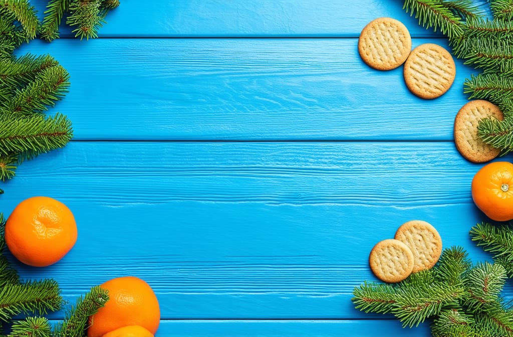  professional detailed photography, a serene azure wood background adorned with fresh green fir trees framed around delicious cookies and vibrant mandarins the festive scene perfect for a christmas greeting card or new year message fro ar 3:2, (muted colors, dim colors, soothing tones), (vsco:0.3)