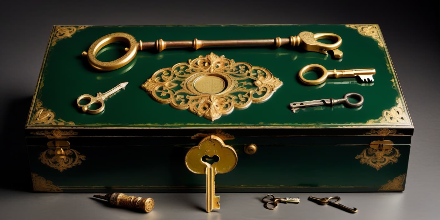  a large, open antique, lacquered box with keys and tools. with gold decals. located flat, beaten inside with green velvet. against a transparent background