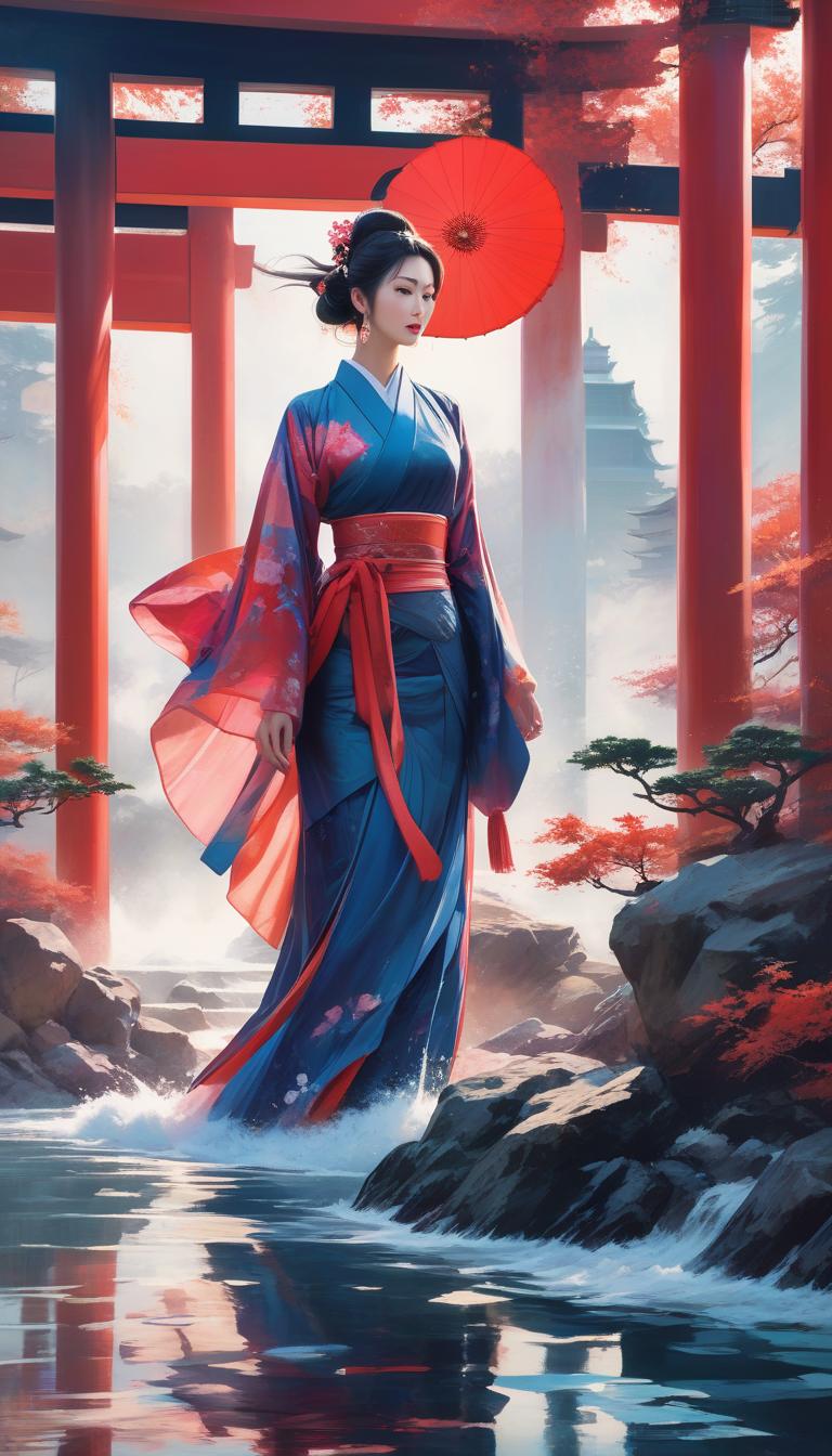  (masterpiece, high resolution, vibrant colors:1.3), bold bauhaus style poster, (elegant japanese temple:1.4) with striking scarlet sails, gracefully gliding across a fluid sea, (ink splash effects:1.2), dynamic pastel blur, rich textures, swirling colors, (bold reds, deep blues, and soft pinks:1.1), layered brush strokes, creative abstract composition, energetic movement, harmonious blend of shapes and forms, modernist design, visually captivating, rich background, fluidity of water, artistic expression of freedom and adventure. hyperrealistic, full body, detailed clothing, highly detailed, cinematic lighting, stunningly beautiful, intricate, sharp focus, f/1. 8, 85mm, (centered image composition), (professionally color graded), ((bright soft diffused light)), volumetric fog, trending on instagram, trending on tumblr, HDR 4K, 8K