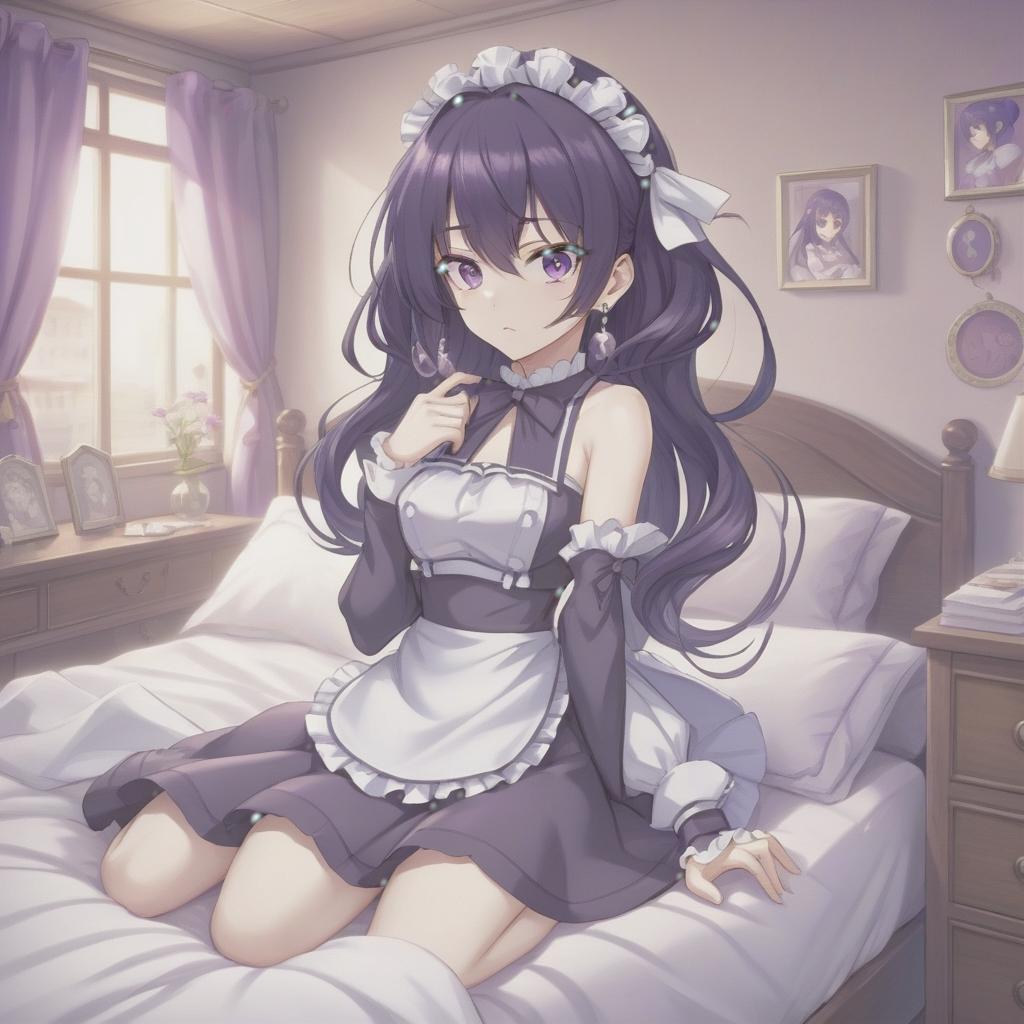  anime artwork , 20 year, dark purple hair, hair folded into a bundle, purple eyes, open maid's outfit, cutout on the , small silver earrings, bedroom . anime style, key visual, vint, studio anime, highly detailed