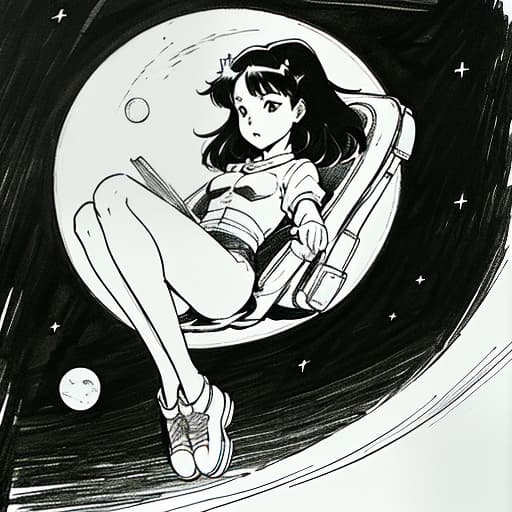  3 regular red chairs in zero gravity hover near the moon, sketch, manga sketch, pencil drawing, black and white, manga, manga style, low detail, line art, vector art, monochromatic, by katsuhiro otomo and masamune shirow and studio ghilibi and yukito kishiro