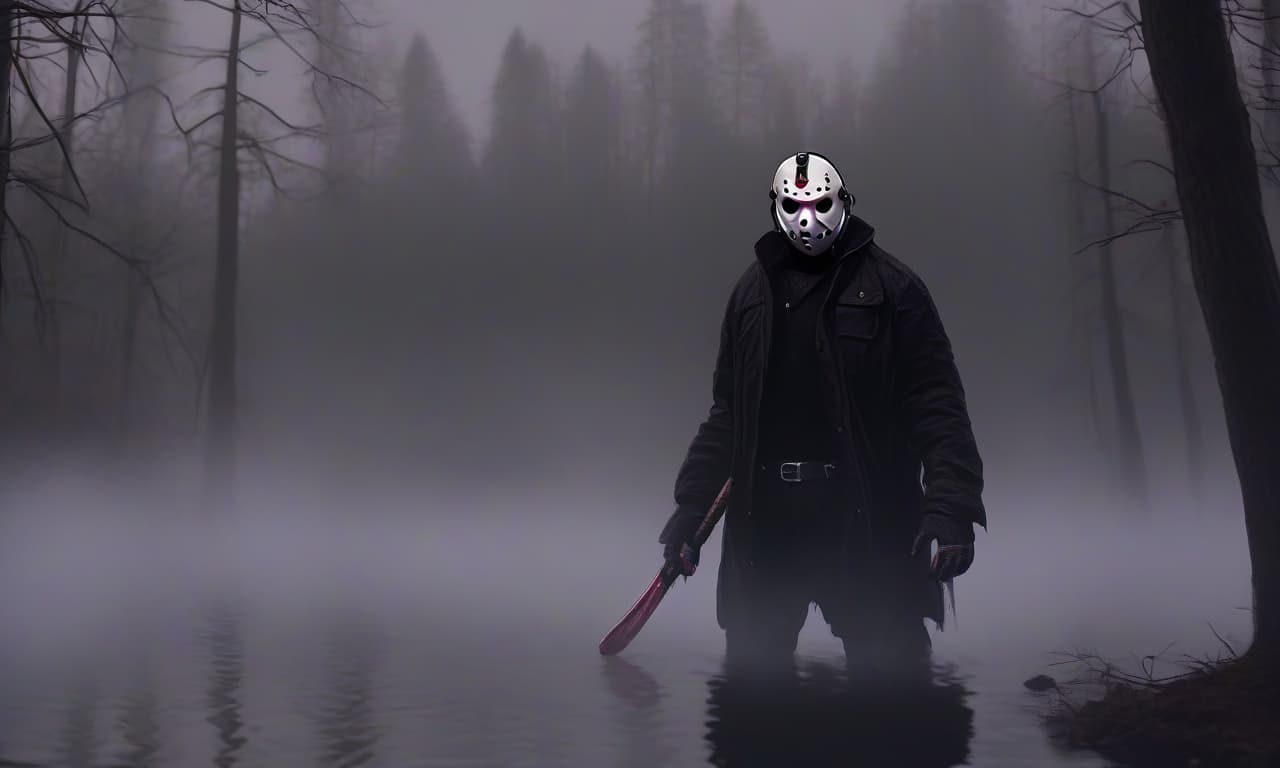  horror themed jason voorhees standing full length on the shore of a lake. sturdy figure. dressed in a black jacket and black pants. on the face of the canonical mask. the background is a dense forest in fog. . eerie, unsettling, dark, spooky, suspenseful, grim, highly detailed