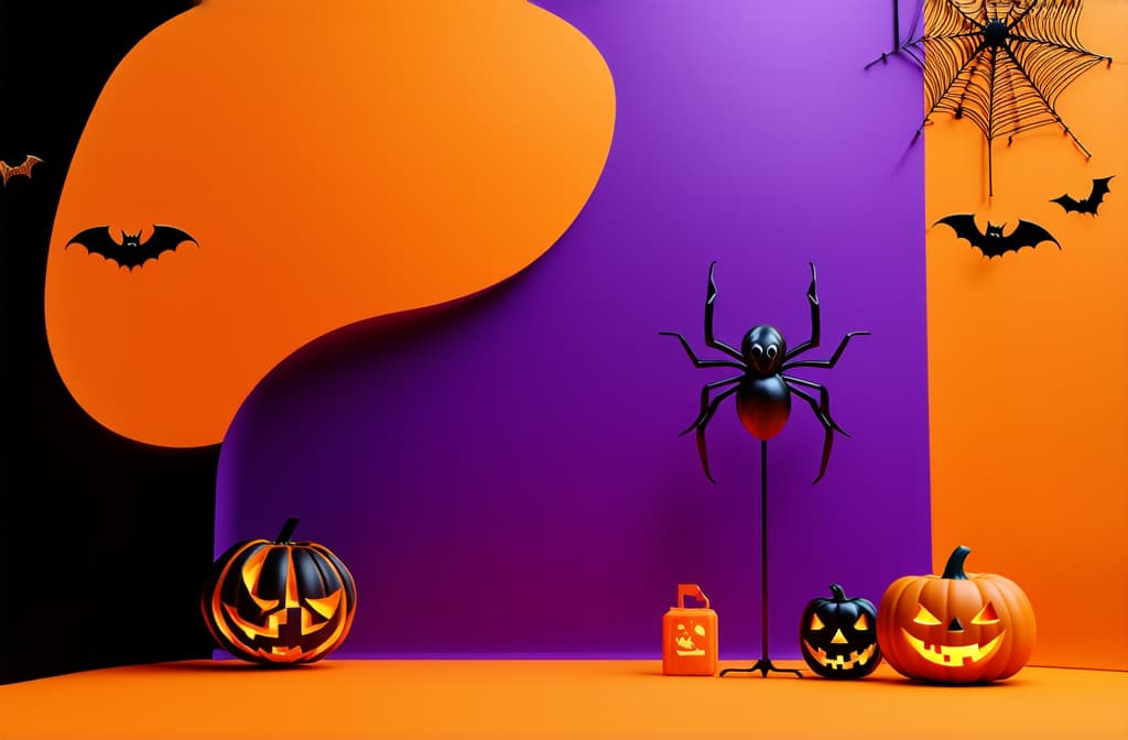  product display halloween decor party holiday studio set up in orange and violet color background with bat ,pumpkin,spider web ar 3:2 {prompt}, maximum details