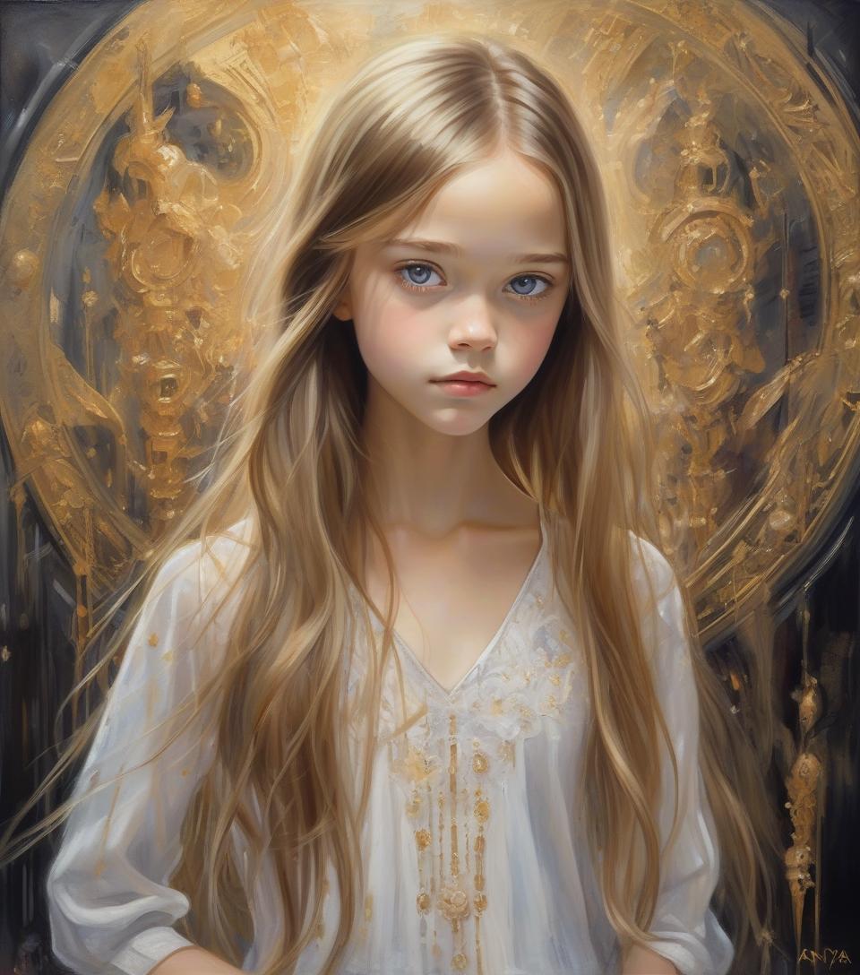  oil painting depicting kristina pimenova, very feminine, , v neck, portrait, absolute reality, long dark golden hair, pale skin, black, beautiful features, pretty face, pretty pose, clroom vivid and luminous, aya takano, royo, giger, dream atmosphere