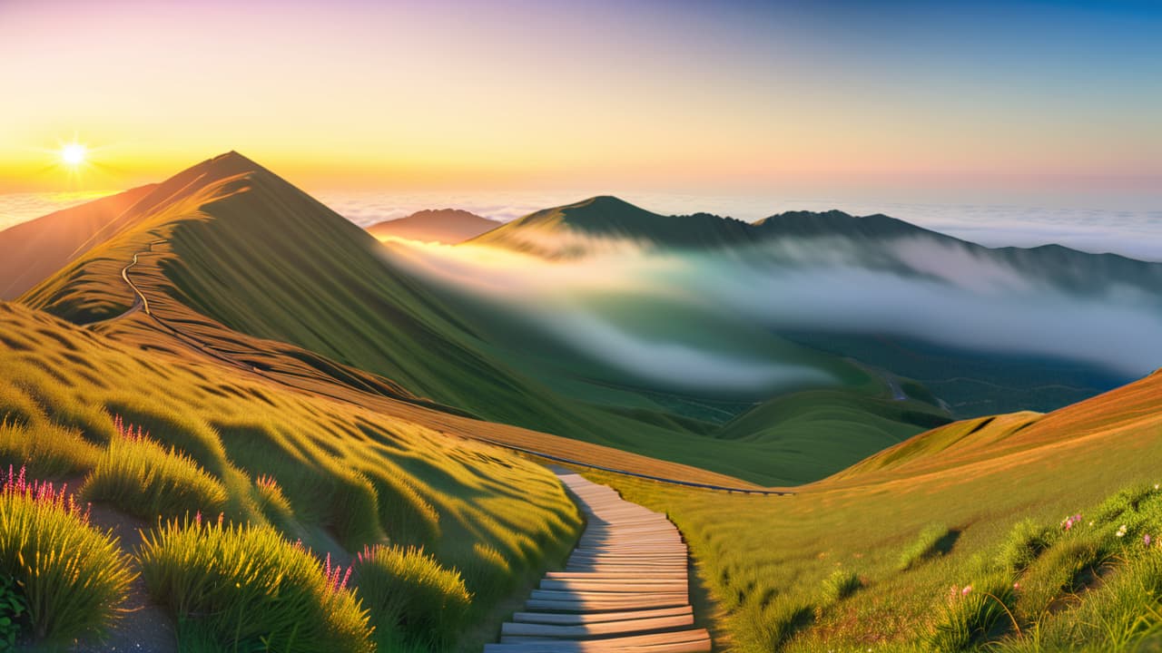  a tranquil sunrise over a mountain range, with a winding path leading towards the peak, dotted with colorful flags representing various goals, symbolizing determination and the journey of achieving aspirations. hyperrealistic, full body, detailed clothing, highly detailed, cinematic lighting, stunningly beautiful, intricate, sharp focus, f/1. 8, 85mm, (centered image composition), (professionally color graded), ((bright soft diffused light)), volumetric fog, trending on instagram, trending on tumblr, HDR 4K, 8K