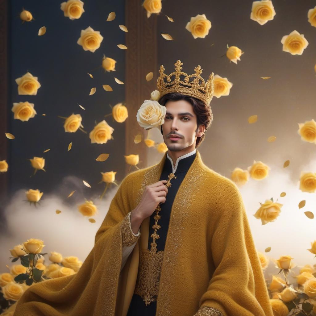  Knitted wool prince, yellow roses, gold brocade background, realistic color photo hyperrealistic, full body, detailed clothing, highly detailed, cinematic lighting, stunningly beautiful, intricate, sharp focus, f/1. 8, 85mm, (centered image composition), (professionally color graded), ((bright soft diffused light)), volumetric fog, trending on instagram, trending on tumblr, HDR 4K, 8K