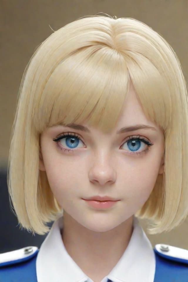  a highly detailed 3d anime style image of a solo girl with blonde short hair and bangs. she has striking blue eyes and a closed mouth. the character is wearing a military uniform featuring a white collared shirt with long sleeves, complemented by a jacket and a belt. the focus is on her upper body as she looks directly at the viewer. the background is intentionally blurry, suggesting an outdoor setting, with hints of an emblem and a chest harness reflecting her military status. the overall aesthetic is sleek and realistic, enhancing the anime style.