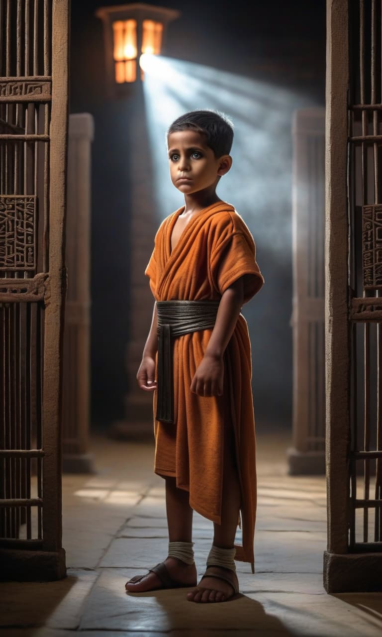  horror themed little boy went to prison, against the back of ancient egyptians . eerie, unsettling, dark, spooky, suspenseful, grim, highly detailed hyperrealistic, full body, detailed clothing, highly detailed, cinematic lighting, stunningly beautiful, intricate, sharp focus, f/1. 8, 85mm, (centered image composition), (professionally color graded), ((bright soft diffused light)), volumetric fog, trending on instagram, trending on tumblr, HDR 4K, 8K