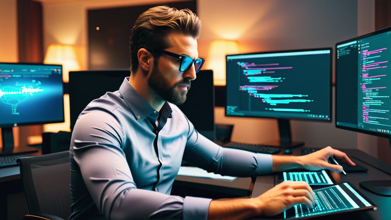  a focused developer at a sleek workstation, surrounded by multiple monitors displaying code, flowcharts, and api documentation. a coffee cup, sticky notes, and a digital tablet with sketches of interface designs nearby. hyperrealistic, full body, detailed clothing, highly detailed, cinematic lighting, stunningly beautiful, intricate, sharp focus, f/1. 8, 85mm, (centered image composition), (professionally color graded), ((bright soft diffused light)), volumetric fog, trending on instagram, trending on tumblr, HDR 4K, 8K