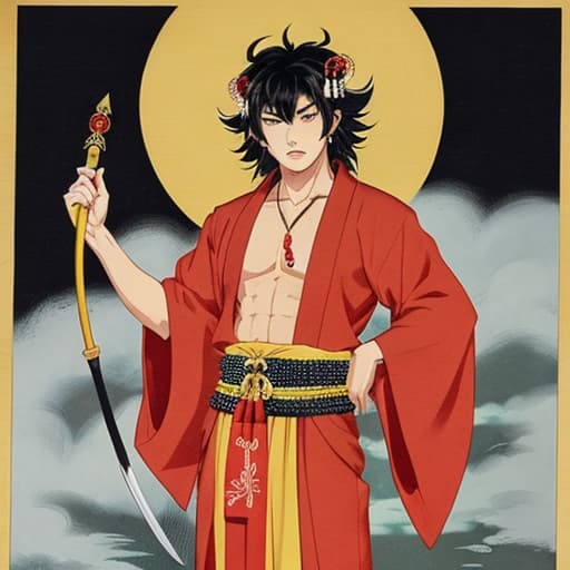  Fudo Myoo wears a vestment with his chest bare and the lower half of his body covered with a kimono, his long curly permed head with beaded ornaments, a long, long sword in his right hand, a five-colored cord in his left hand, and fangs protruding from his closed mouth with an expression of indignation. He is cool. Male Retro