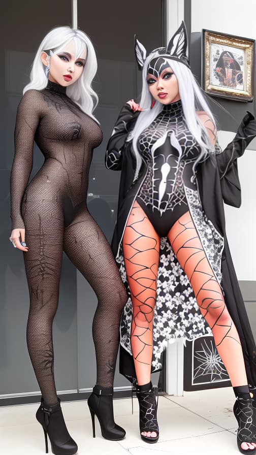  Black Spider-patterned body paint in every corner of the whole body, full-body, silver body paint, White face paint on the face,Two Dark elfs 女性