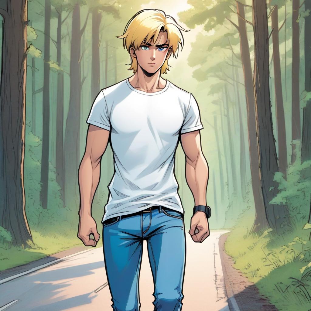  colored comic book image. a with a haircut and blonde hair, dressed in a white t shirt and jeans, walks along the road along the forest.